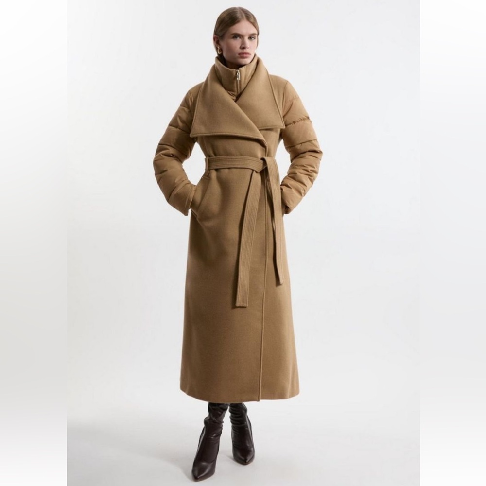 Wool Blend Hybrid Puffer Belted Long Coat,Sz.12